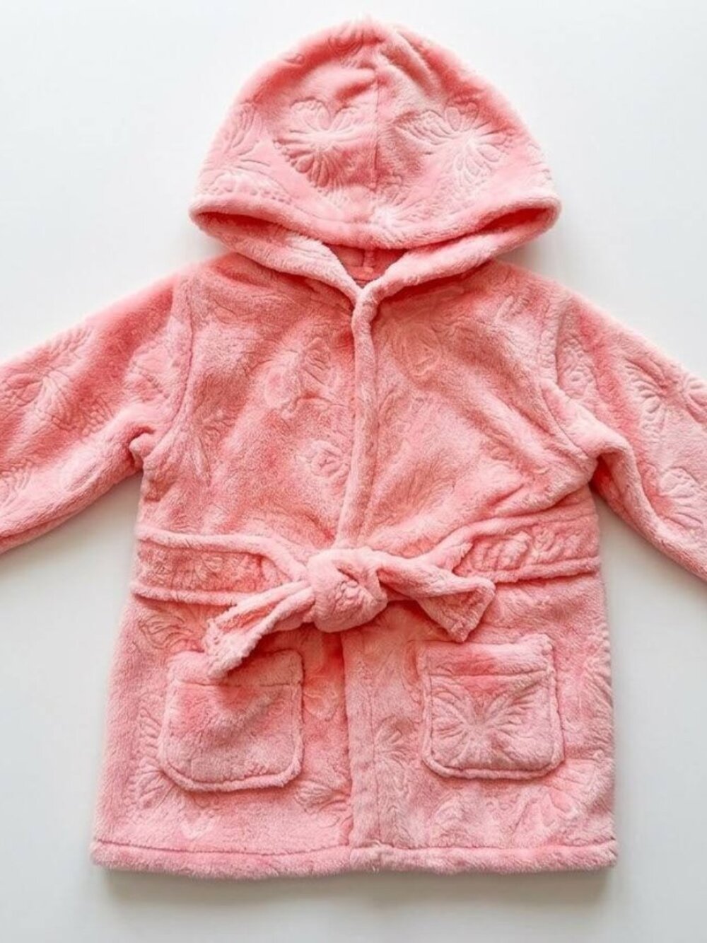 Baby Girl 3-6M Pink Plush Hooded Robe Bathrobe Embossed Butterfly Tie Belt